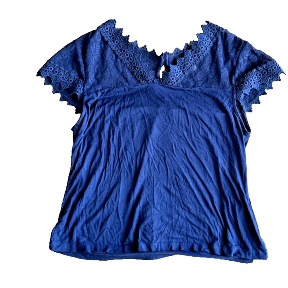 Venus Blue Blouse Women's Embroidery Lace‎ Short Sleeve V Neck Keyhole Viscose L